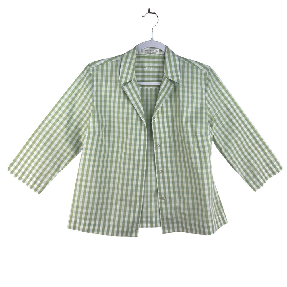 Foxcroft Womens Size 6 Green White Gingham Check 3/4 Sleeve Button Down Shirt
